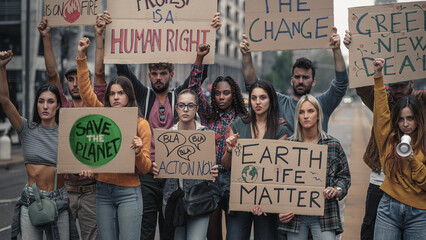 Crowd of activists protesting against climate policy and global warming with raised fists and slogans on placards - concept that illustrates the sensitivity of generation z towards social problems - obrazy, fototapety, plakaty
