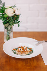 Garnished turkey steak served in a restaurant