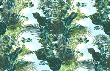 A mix of dark tropical silhouettes in a seamless textile pattern with tropical leaves and branches. botanical motif for summer clothes