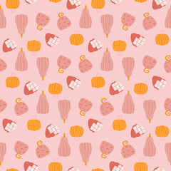 Vector illustration of seamless pattern with pumpkins. For Halloween, for fabric design. Orange and purple colors.