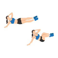 Woman doing Oblique crunch exercise. Flat vector illustration isolated on white background
