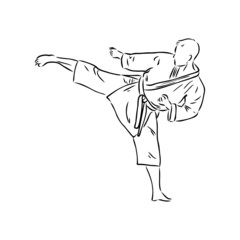 Karate kick technique sketch illustration. Asian martial art sport hand drawn design