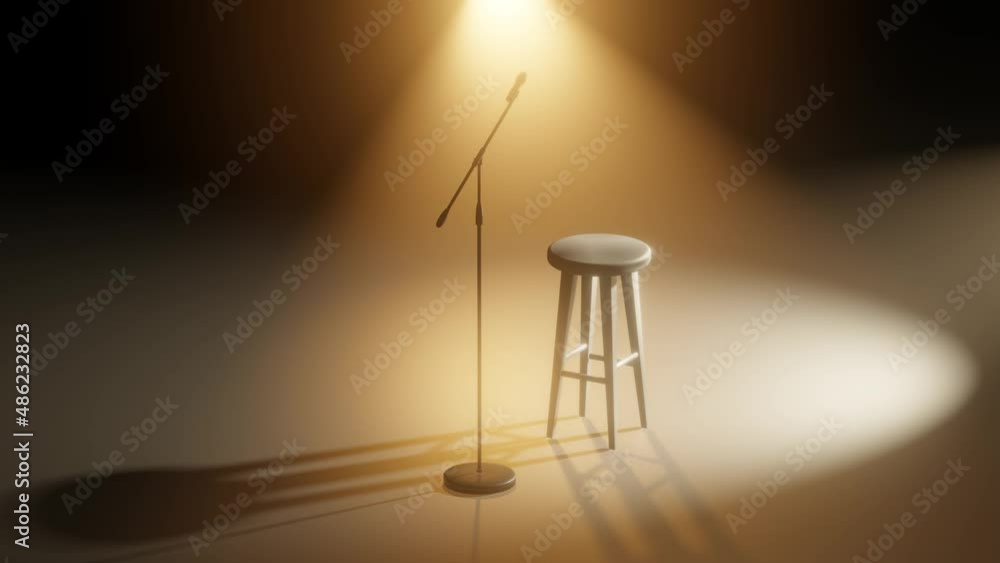 Wall mural empty stage with microphone and chair. stage light pointing microphone and stool on dark stage. 3d r