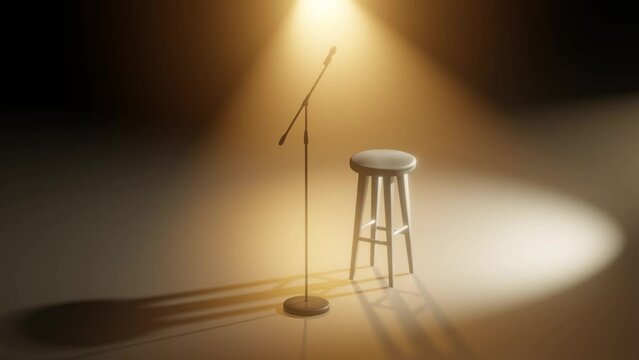Empty stage with microphone and chair. Stage light pointing microphone and stool on dark stage. 3d render animation with empty space for text.