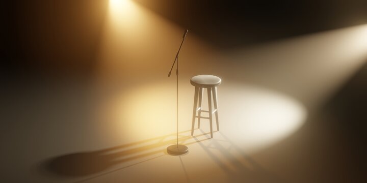 Stage with microphone and empty stool. Empty stage 3d render illustration