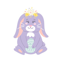 Cute lop-eared rabbit with wreath of flowers and an Easter egg, vector flat illustration on white background