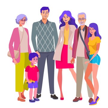 Big family together, cute people, mom, grandmother, grandfather, grandchildren, happy families. Grandparents and kids. flat standing group of people vector illustration.