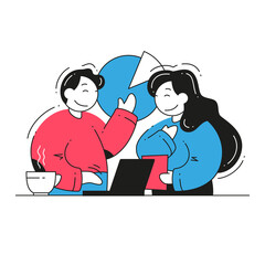 Business man and woman colleagues discuss profit analyzing chart work at office use laptop vector flat illustration. Happy boss praises satisfied employee partners talking successful project diagram