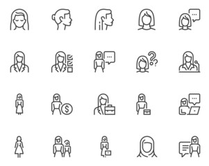 Set of Vector Line Icons Related to Woman. Business Lady, Female Face, Female Figure. Editable Stroke. 48x48 Pixel Perfect.