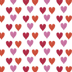 Fototapeta na wymiar Pattern of shiny hearts for Valentine's Day on a white background.