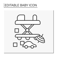  Baby toys line icon. Baby walkers with wheels. Toys and peg top. First steps. Childhood concept. Isolated vector illustration. Editable stroke