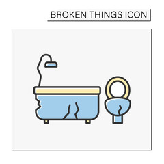 Destroyed furniture color icon. Smash bath and toilet. Fractured room. Vandalism. Broken things concept. Isolated vector illustration