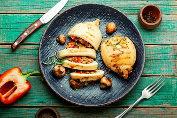 Grilled squid with mushroom stuffing