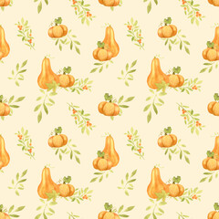 Watercolor autumn pattern with orange pumpkins and leaves. Autumn design for Thanksgiving and Halloween celebrations. For packing paper, stationery and congratulations.
