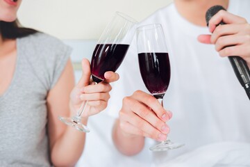 couple happiness celebrate anniversary drink wine smile and relax in home, People lifestyle concept.