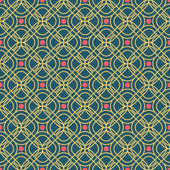 Seamless pattern with intertwined lines creating an abstract yellow-pink-black pattern on a blue background. Used for packaging, fabrics, backgrounds and other products.