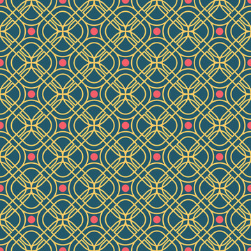 Seamless pattern with intertwined lines creating an abstract yellow-pink-black pattern on a blue background. Used for packaging, fabrics, backgrounds and other products.