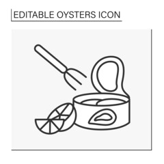  Delicacy line icon.Taste compatibility. Combine lemon and oysters in steel can. Special tasting.Seafood concept. Isolated vector illustration. Editable stroke