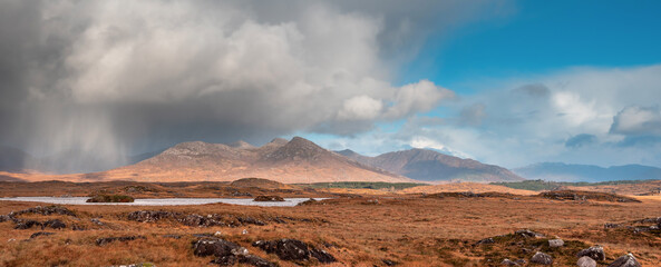 Stunning Twelve Bens mountains in Connemara, county Galway, Ireland. Beautiful peaks and huge empty...