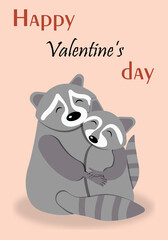 Two raccoons in love hugging