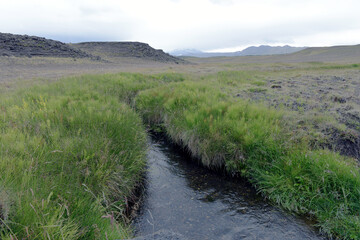 Fototapeta na wymiar Bach durchfließt ein Vulkanasche- und Lavafeld - Landschaft bei Hella nahe dem Vulkan Hekla in Island