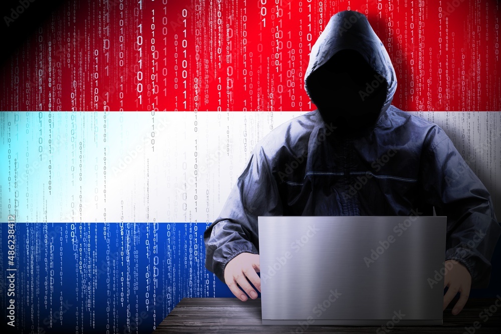 Poster anonymous hooded hacker, flag of netherlands, binary code - cyber attack concept
