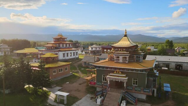 Buddhist temple at sunset. Aerial view.
