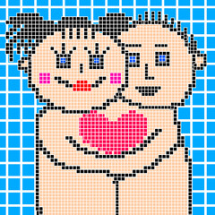 Pixel illustration for Valentine's day. Two lovers hold a heart.