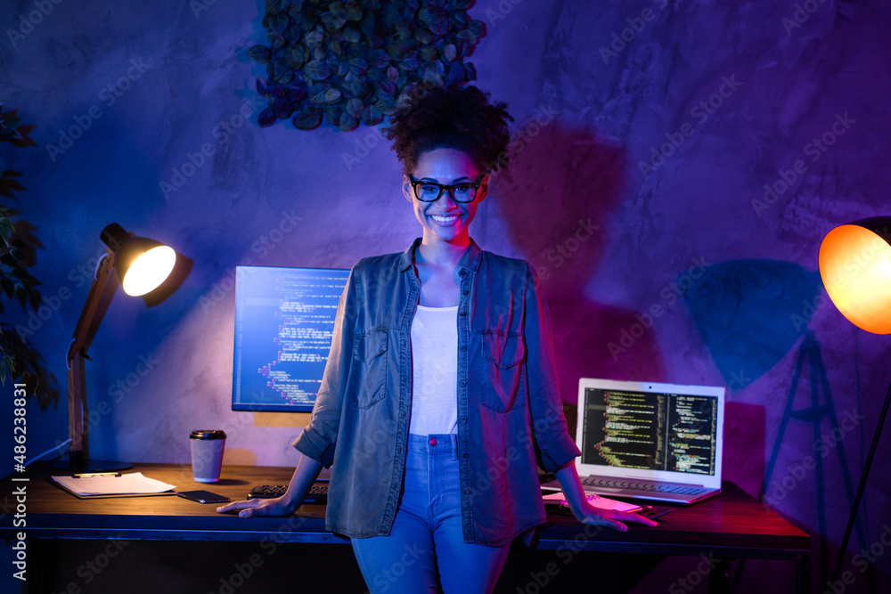 Wall mural photo of smart lady designer stand desk java script service error solving in evening late workplace 