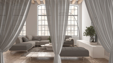 White openings curtains overlay modern living room, interior design background, front view, clipping path, vertical folds, soft tulle textile texture, stage concept with copy space