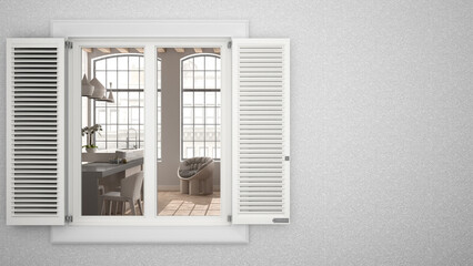 Exterior plaster wall with white window with shutters, showing interior kitchen with armchair, blank background with copy space, architecture design concept idea, mockup template