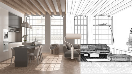 Paint roller painting interior design blueprint sketch background while the space becomes real showing living room. Before and after concept, architect designer creative work flow