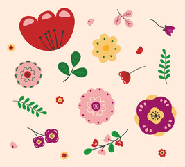 Retro cute hand drawn flowers collection. Spring flower elements including poppy, tulip, daffodil, foliage, leaves. Editable vector.
