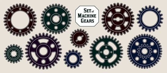 Set of silhouette of machine gears. Good for decoration in steampunk style. Vector.