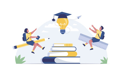 Back to school! Happy cute industrious child flying on the pencil. Idea and education. light bulb student hat.