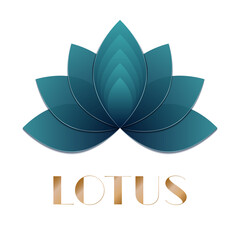 Turquoise Lotus flower logo, icon, greeting card on white background. Paper cut style, Vector illustration.