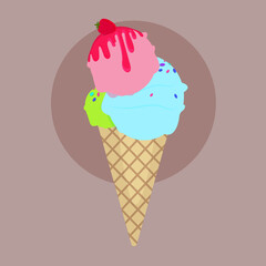 ice cream in a cone flat cartoon illustration strawberry