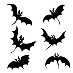 Silhouette of bat. Halloween and horror decorations. Flying black vampire animal with wings. Flat cartoon