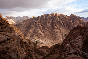 Sinai Mountains on cloudy day. Top view of Mousa mountain near St. Catherine Monastery, Egypt 