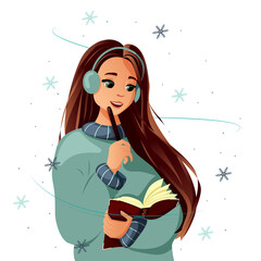 A cartoon girl in winter in warm headphones and a sweater