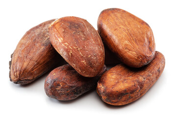 Obraz premium Cocoa beans close-up on white background.