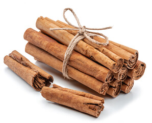 Cinnamon dried bark strips, sweet-smelling brown substance used in cooking, isolated on white background.