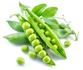 Perfect green peas in pod isolated on white background.