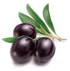 Purple olives with leaves on white background. Close-up.