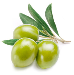 Green olives with leaves on white background. Close-up.