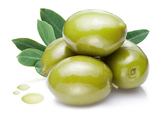 Green olives with leaves on white background. Close-up.