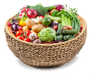 Food basket. Vast of different vegetables in the wicker basket on white background.