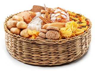 Food basket. Vast of different vegetables in the wicker basket on white background.