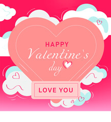 pink valentine  postcard for congratulations on St. Valentine's day with heart and clouds in  flat style