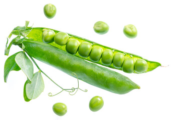 Perfect green peas in pod isolated on white background.